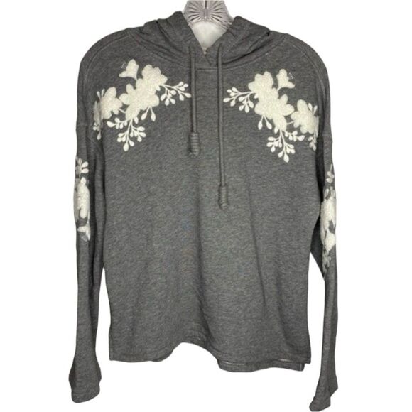 H&M Sweatshirt Womens XS Gray White Floral Embroidered Long Sleeve Hoodie Boho - Picture 1 of 10